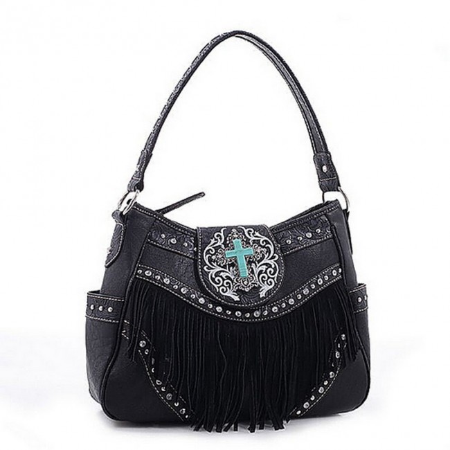 Cross Charm Western Style with Fringe Accent Hobo Bag - Black - BG-MJ5902BK